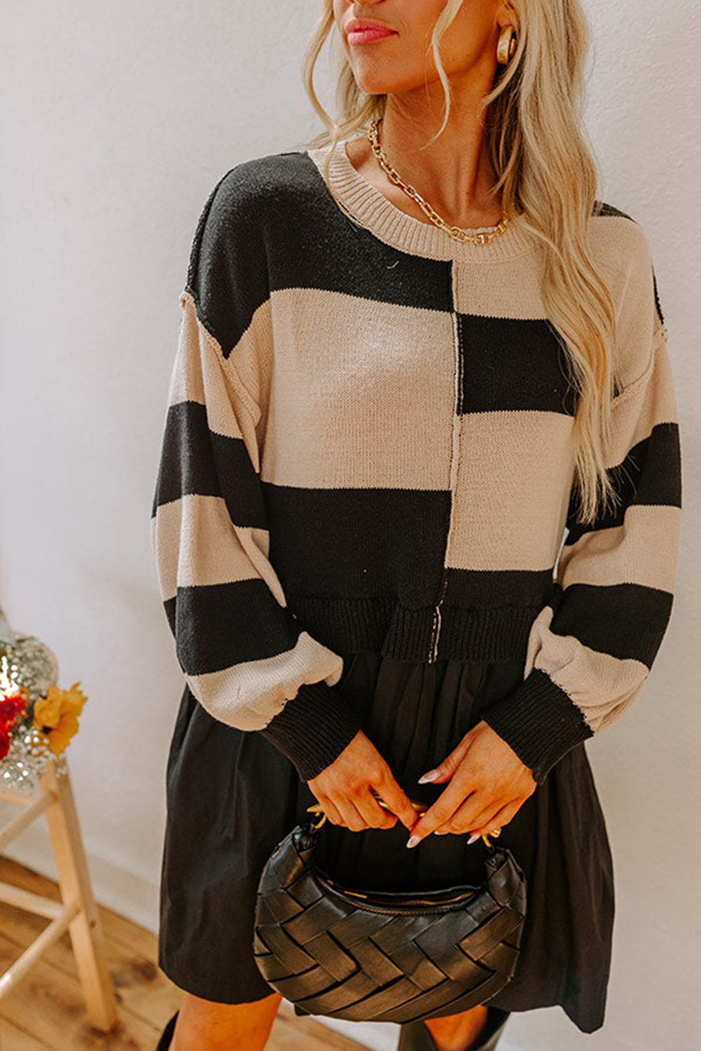 Black Stripe Two in One Knitted Top High Waist Splicing Hem Sweater Dress-TOPS / DRESSES-[Adult]-[Female]-2022 Online Blue Zone Planet