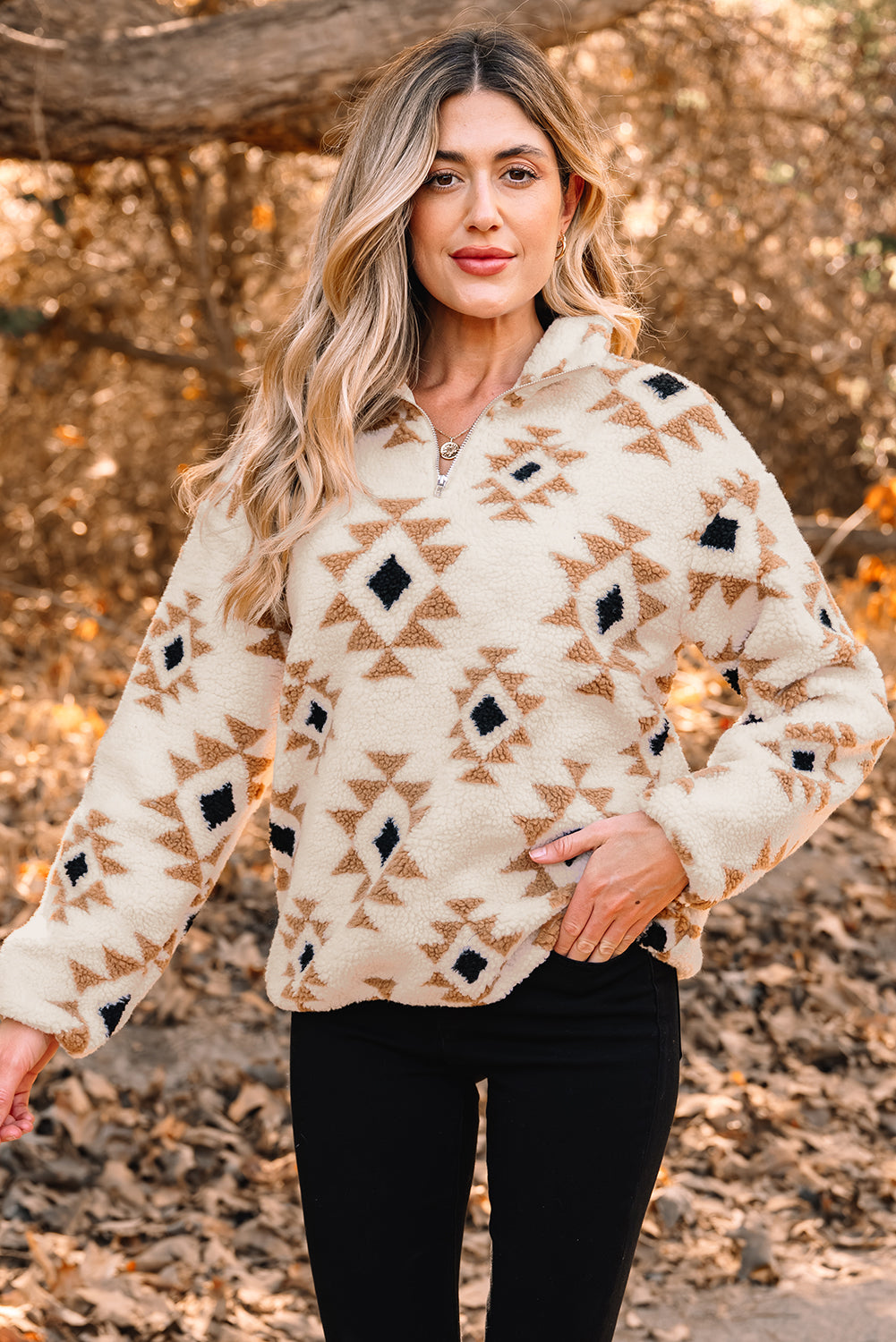 Khaki Aztec Print Sherpa Quarter Zip Collar Sweatshirt-Tops/Sweatshirts & Hoodies-[Adult]-[Female]-2022 Online Blue Zone Planet