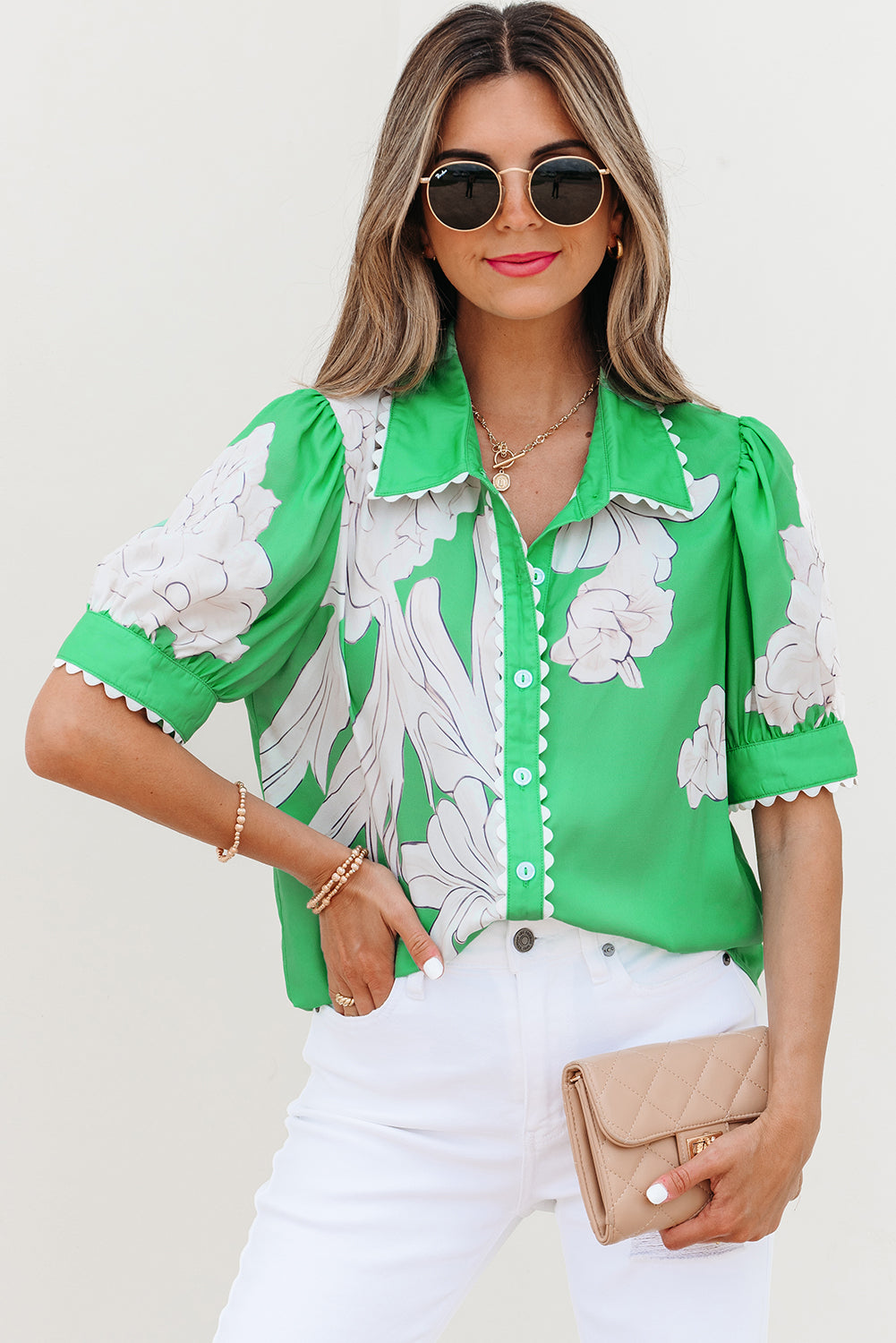 Green Floral Ric Rac Edge Puff Sleeve Button Up Summer Shirt-Tops/Blouses & Shirts-[Adult]-[Female]-2022 Online Blue Zone Planet