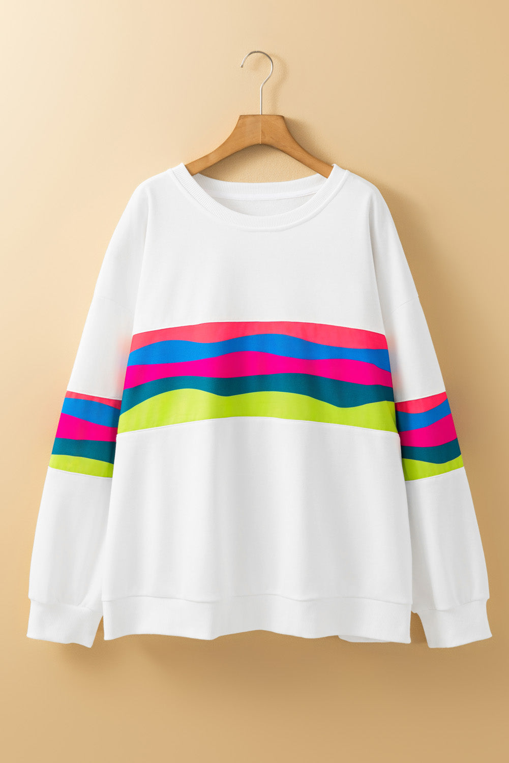 Blue Zone Planet | White Plus Size Colorful Striped Drop Shoulder Loose Sweatshirt-Plus Size/Plus Size Sweatshirts & Hoodies-[Adult]-[Female]-2022 Online Blue Zone Planet