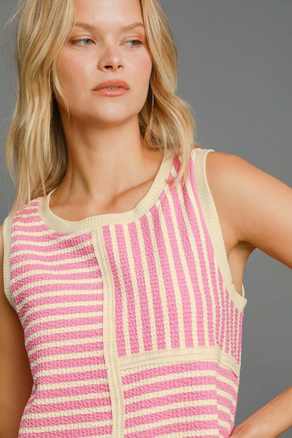 Umgee Round Neck Texture Striped Tank-TOPS / DRESSES-[Adult]-[Female]-2022 Online Blue Zone Planet