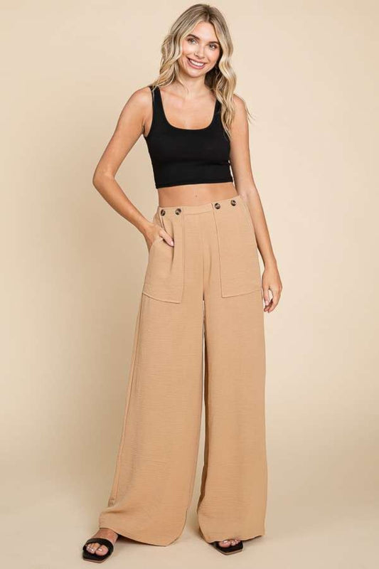 Culture Code Full Size High Waist Wide Leg Cargo Pants-BOTTOMS SIZES SMALL MEDIUM LARGE-[Adult]-[Female]-Iced Coffee-S-2022 Online Blue Zone Planet