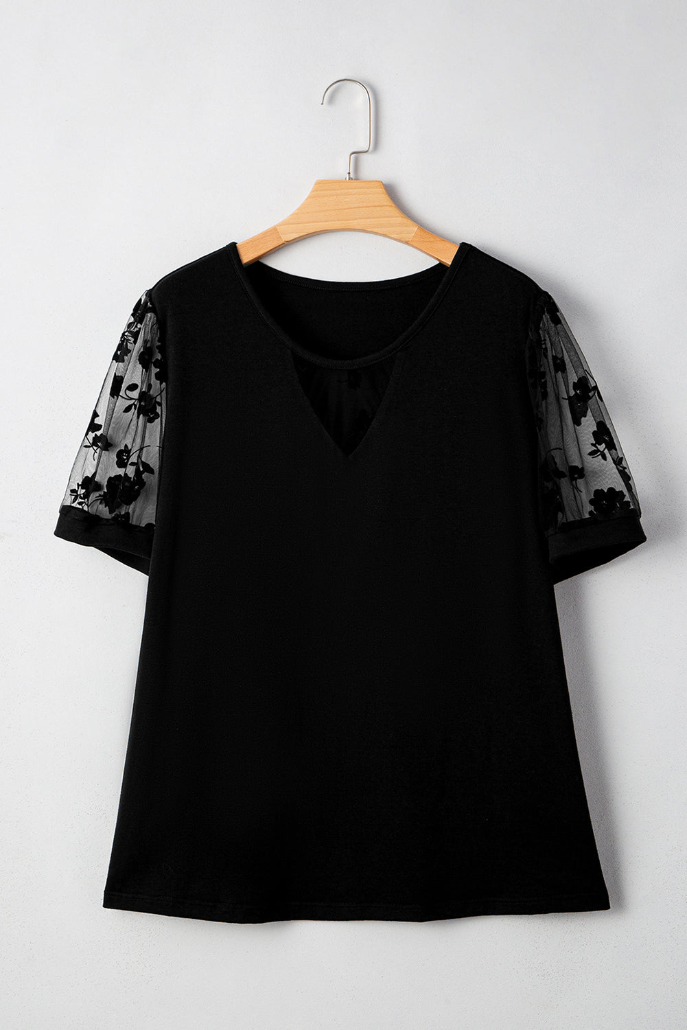 Black Floral Mesh Patchwork Loose V Neck Plus Size T Shirt-Plus Size/Plus Size Tops/Plus Size Tops & Tees-[Adult]-[Female]-2022 Online Blue Zone Planet