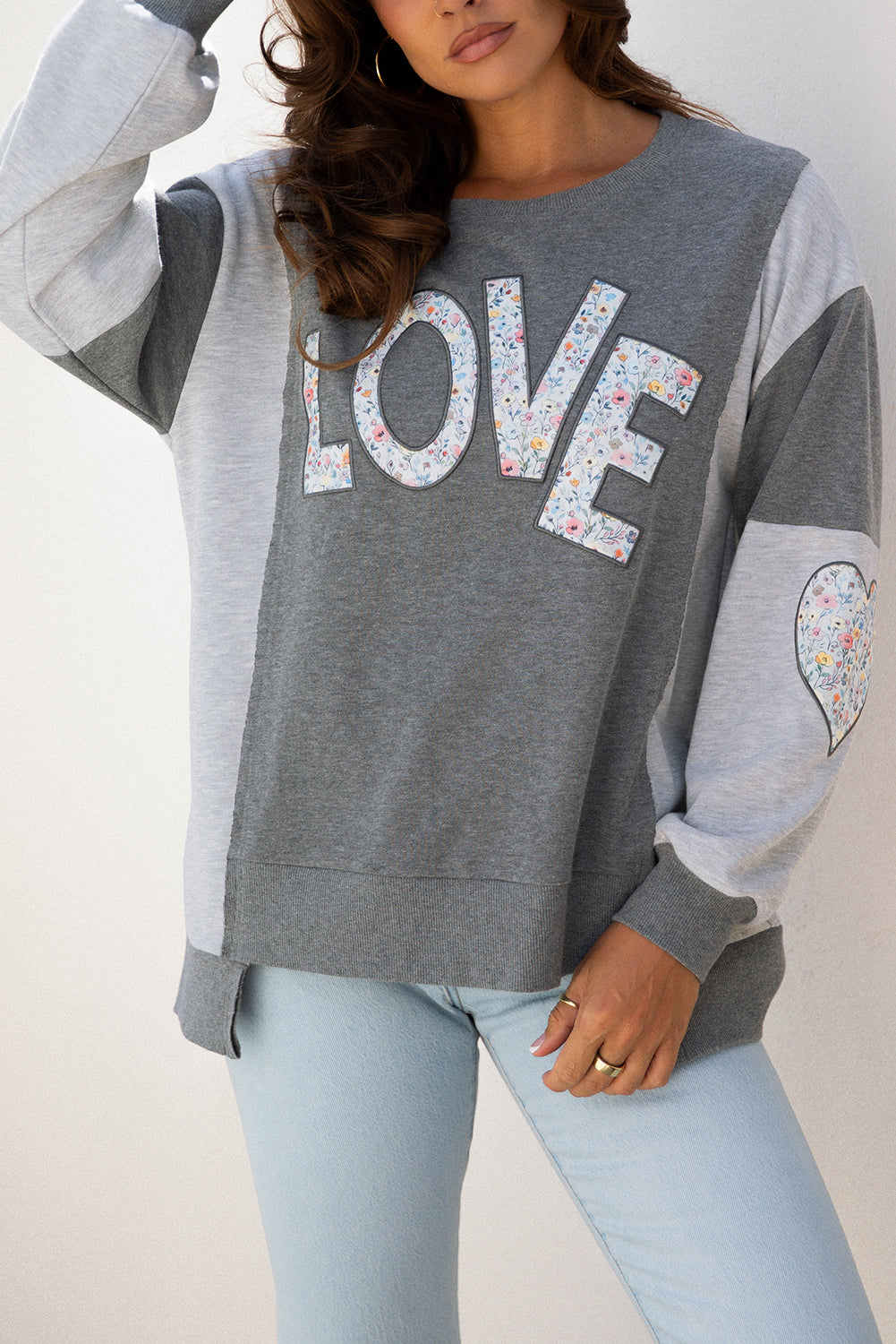 Dark Grey Love Graphic Exposed Seam Patchwork Uneven Hem Chic Sweatshirt-Tops/Sweatshirts & Hoodies-[Adult]-[Female]-2022 Online Blue Zone Planet