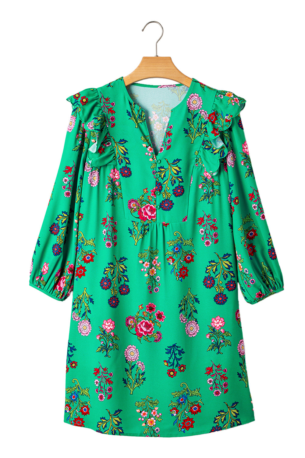 Green Floral Ruffled Three Quarter Sleeve Buttoned Mini Dress-TOPS / DRESSES-[Adult]-[Female]-2022 Online Blue Zone Planet