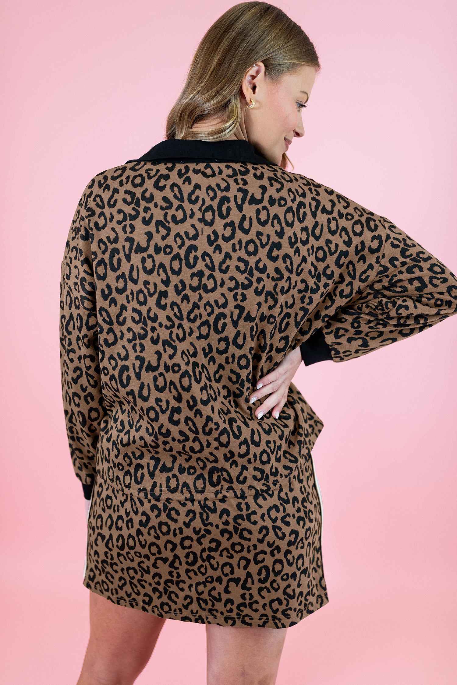 Khaki Leopard Print Quarter Zip Long Sleeve Top Mini Skirt Set-Two Piece Sets/Two Piece Dresses-[Adult]-[Female]-2022 Online Blue Zone Planet