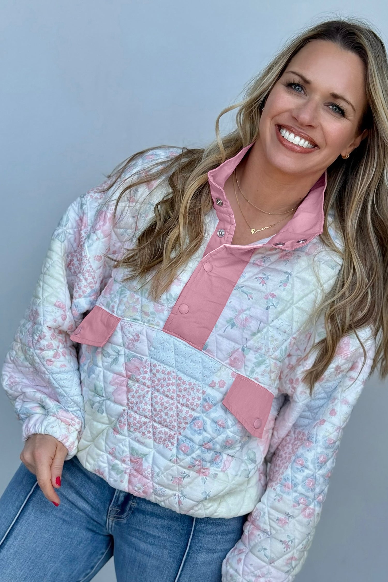 Pink Floral Quilted V-Neck Plus Size Fake Pocket Sweatshirt-Plus Size/Plus Size Sweatshirts & Hoodies-[Adult]-[Female]-2022 Online Blue Zone Planet