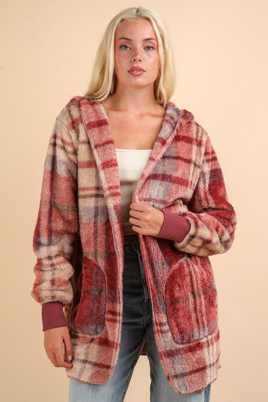 VERY J Fuzzy Plaid Long Sleeve Hooded Jacket-TOPS / DRESSES-[Adult]-[Female]-Mauve Mix-S-2022 Online Blue Zone Planet