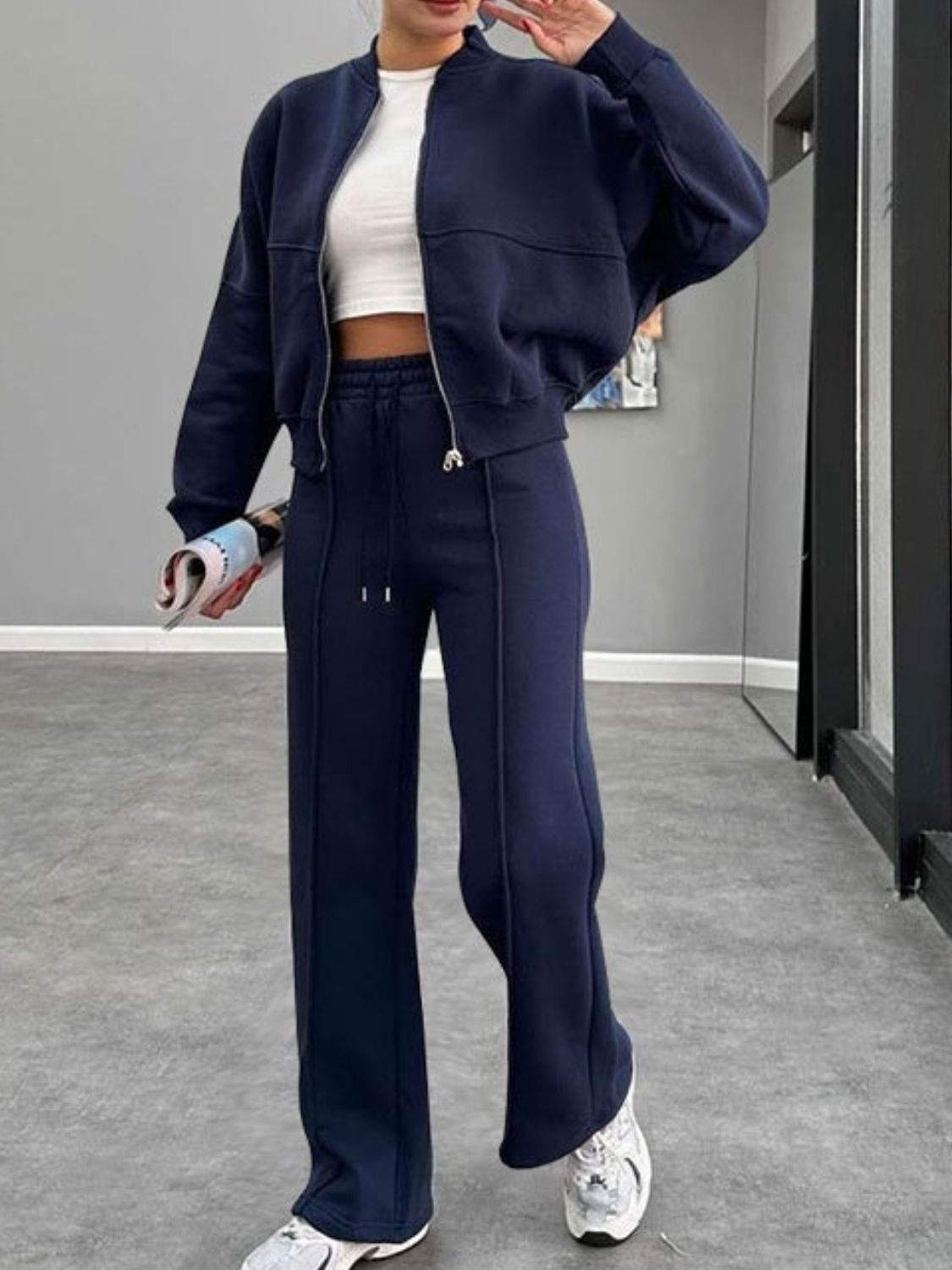 Baseball Collar Zip Up Outerwear and Drawstring Pants Set-TOPS / DRESSES-[Adult]-[Female]-Dark Blue-S-2022 Online Blue Zone Planet