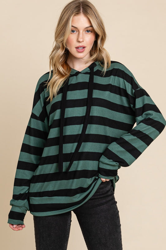 Blue Zone Planet | BOMBOM Drawstring Striped Dropped Shoulder Hoodie-Tops / Dresses-[Adult]-[Female]-Forest Green/Black-S-2022 Online Blue Zone Planet