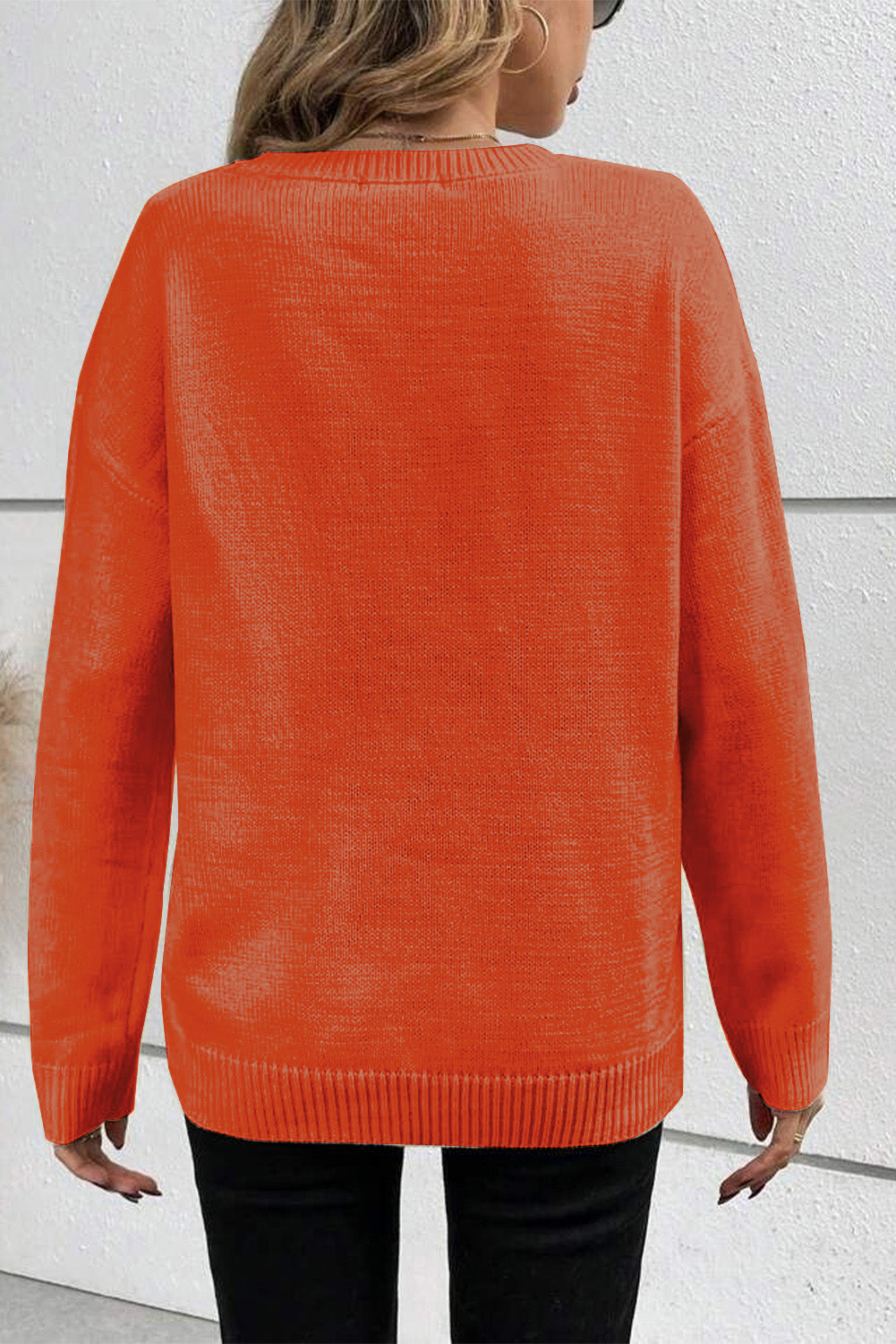 Blue Zone Planet | Orange Boo Knitted Pattern Ribbed Edge Drop Shoulder Sweater-Sweaters & Cardigans/Sweaters-[Adult]-[Female]-2022 Online Blue Zone Planet