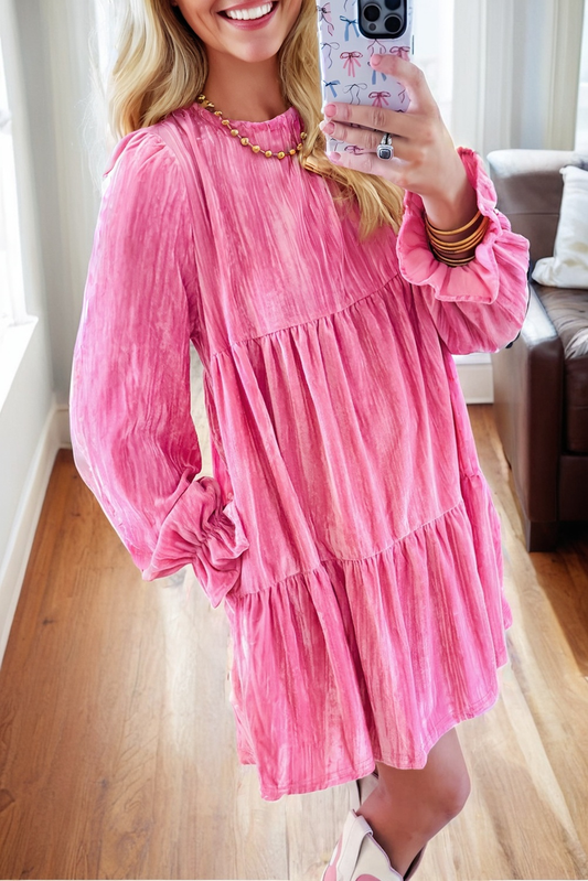 Strawberry Pink Flounce Sleeve Tiered Ruffled Velvet Mini Dress-Short Dresses-[Adult]-[Female]-Strawberry Pink-L-2022 Online Blue Zone Planet