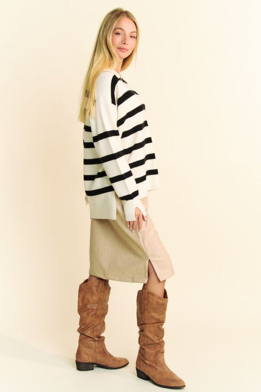 Davi & Dani High-Low Side Slit Striped Johnny Collar Sweater-TOPS / DRESSES-[Adult]-[Female]-2022 Online Blue Zone Planet