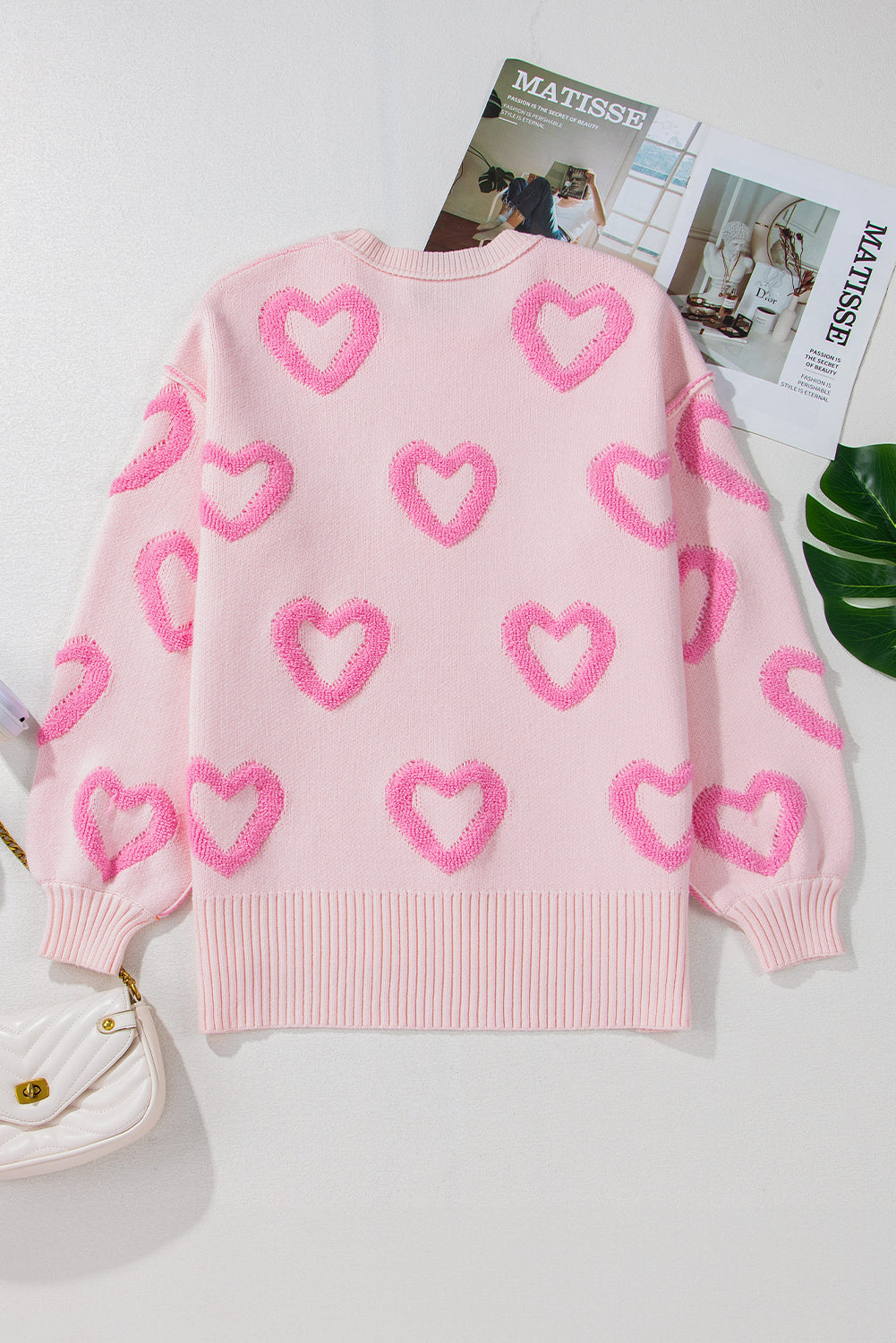 Blue Zone Planet | Pink Heart Shape Bubble Sleeve Baggy Sweater-Sweaters-[Adult]-[Female]-2022 Online Blue Zone Planet