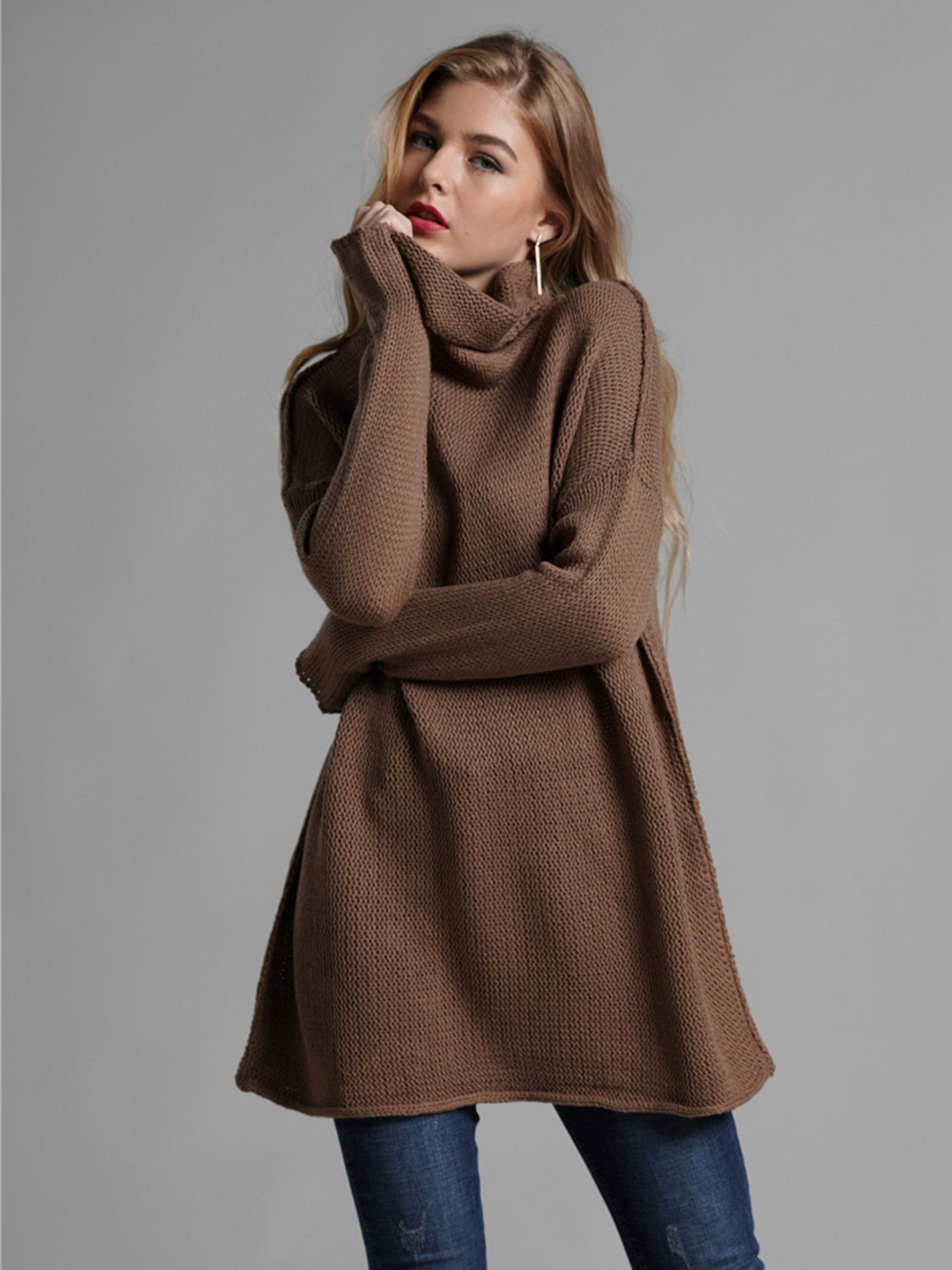 Turtleneck Dropped Shoulder Long Sleeve Sweater-TOPS / DRESSES-[Adult]-[Female]-Brown-S-2022 Online Blue Zone Planet