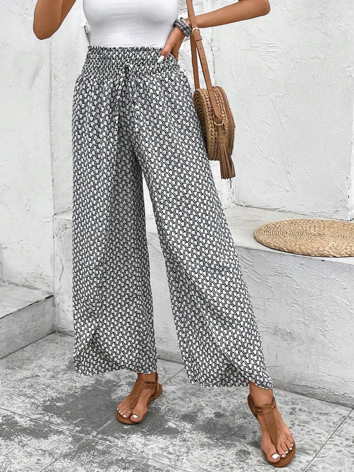 Blue Zone Planet | Tied Printed Wide Leg Pants-BOTTOMS SIZES SMALL MEDIUM LARGE-[Adult]-[Female]-2022 Online Blue Zone Planet