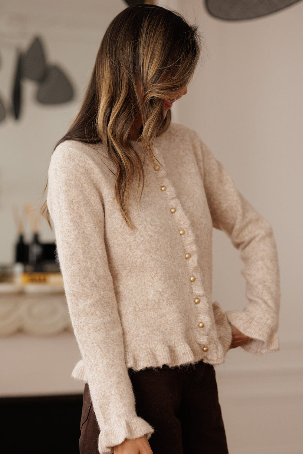 Oatmeal Ruffle Trim Gold Button Sweater Cardigan-Sweaters & Cardigans/Cardigans-[Adult]-[Female]-2022 Online Blue Zone Planet