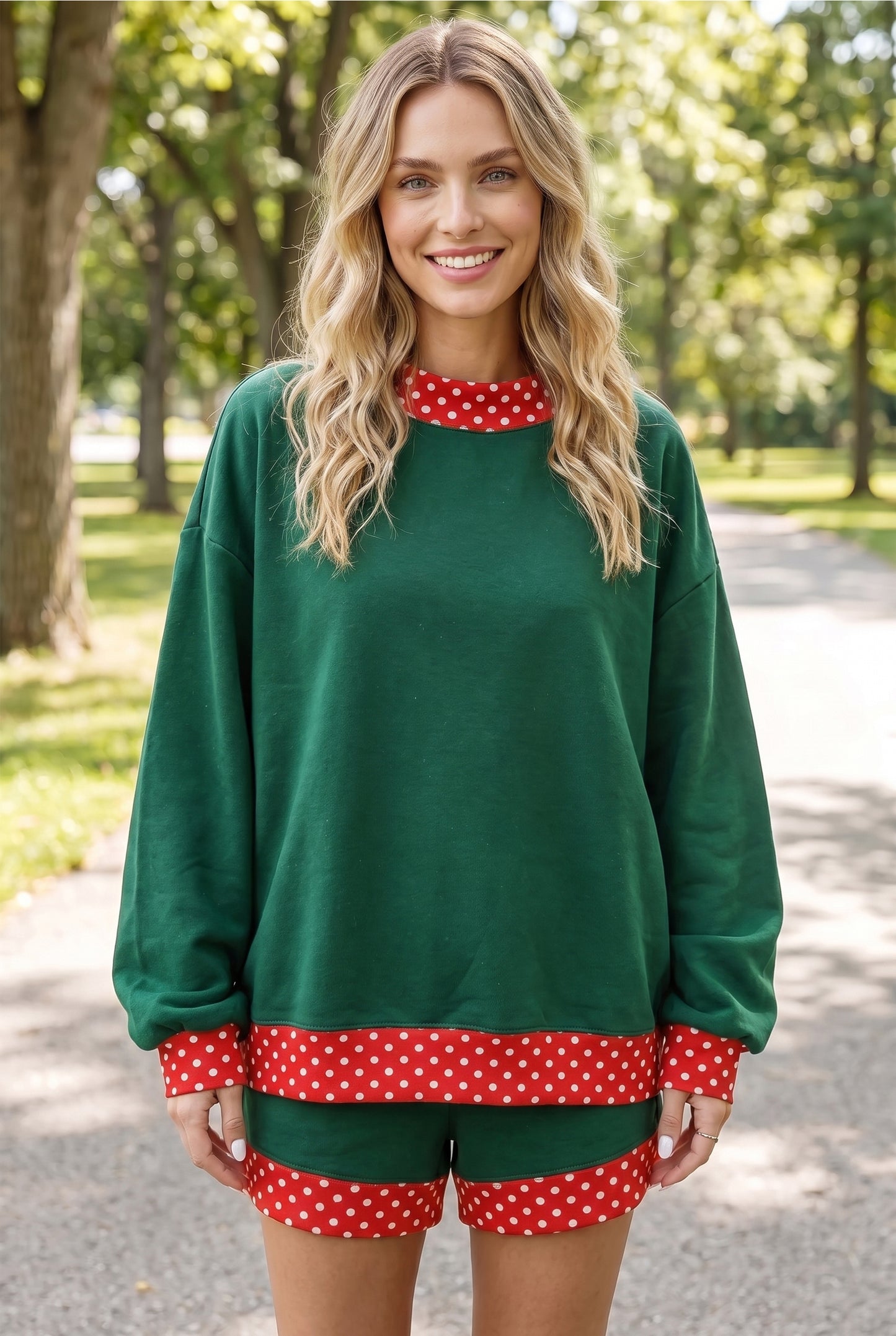 Fiery Red Gingham Trim Baggy Pullover 2pcs Short Set-Two Piece Sets/Short Sets-[Adult]-[Female]-2022 Online Blue Zone Planet