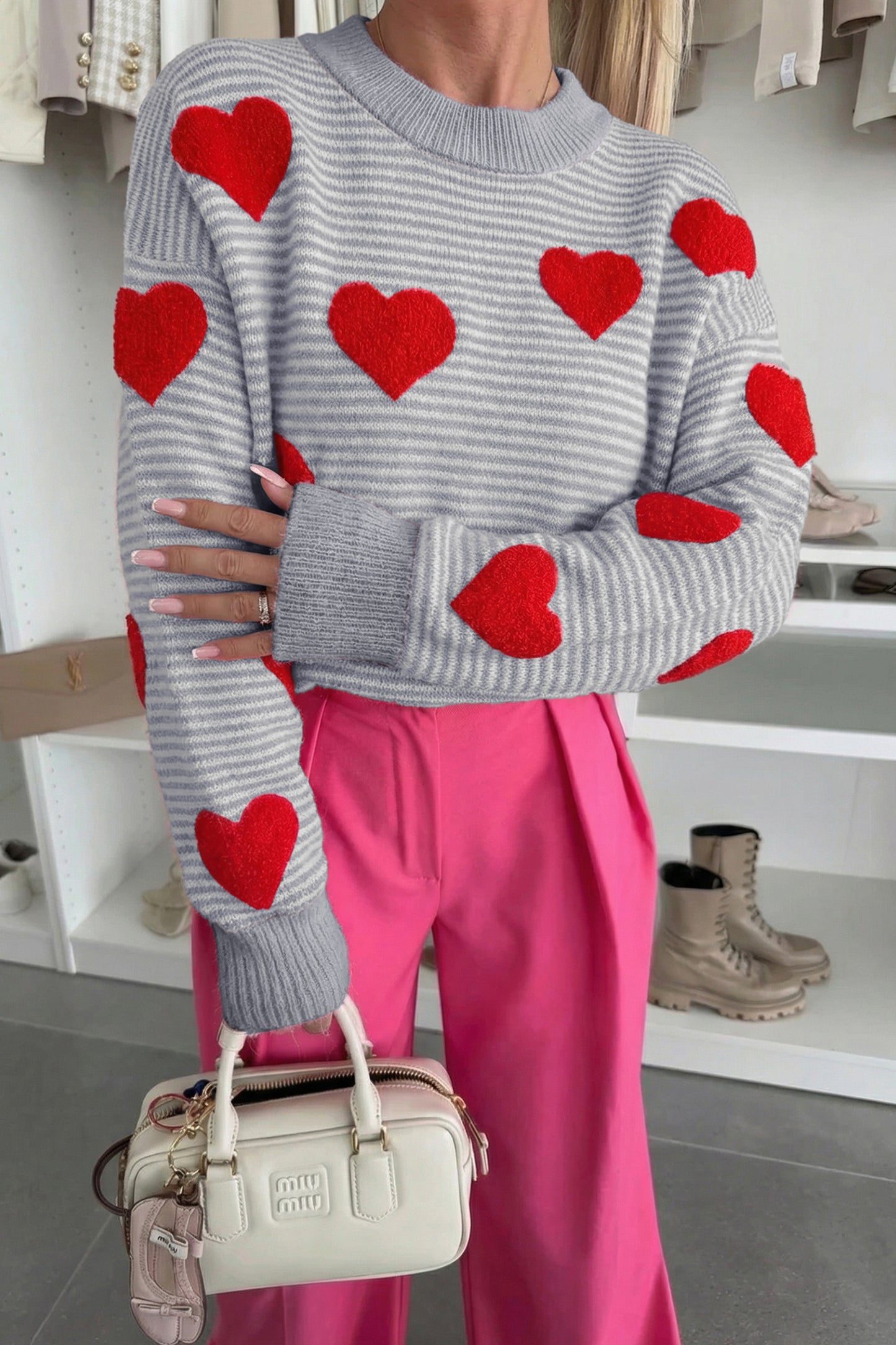 Gray Stripe Contrast Heart Pattern Valentine Knit Sweater-TOPS / DRESSES-[Adult]-[Female]-2022 Online Blue Zone Planet