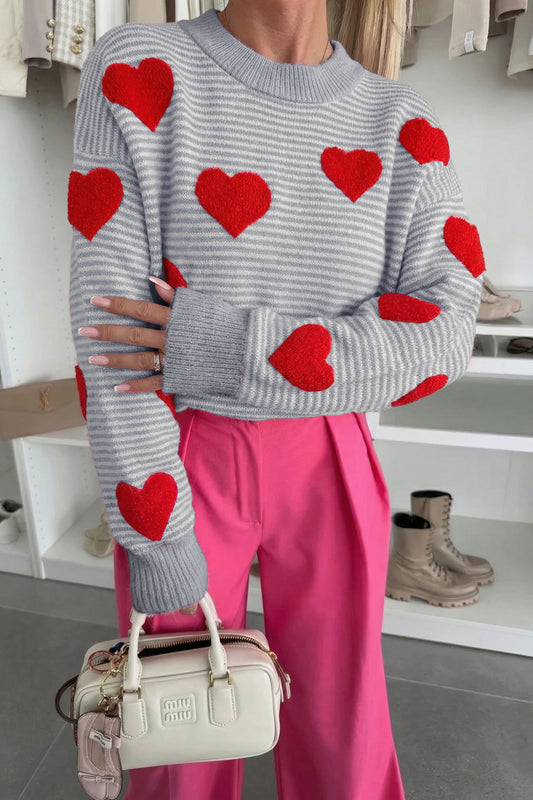 Gray Stripe Contrast Heart Pattern Valentine Knit Sweater-TOPS / DRESSES-[Adult]-[Female]-2022 Online Blue Zone Planet