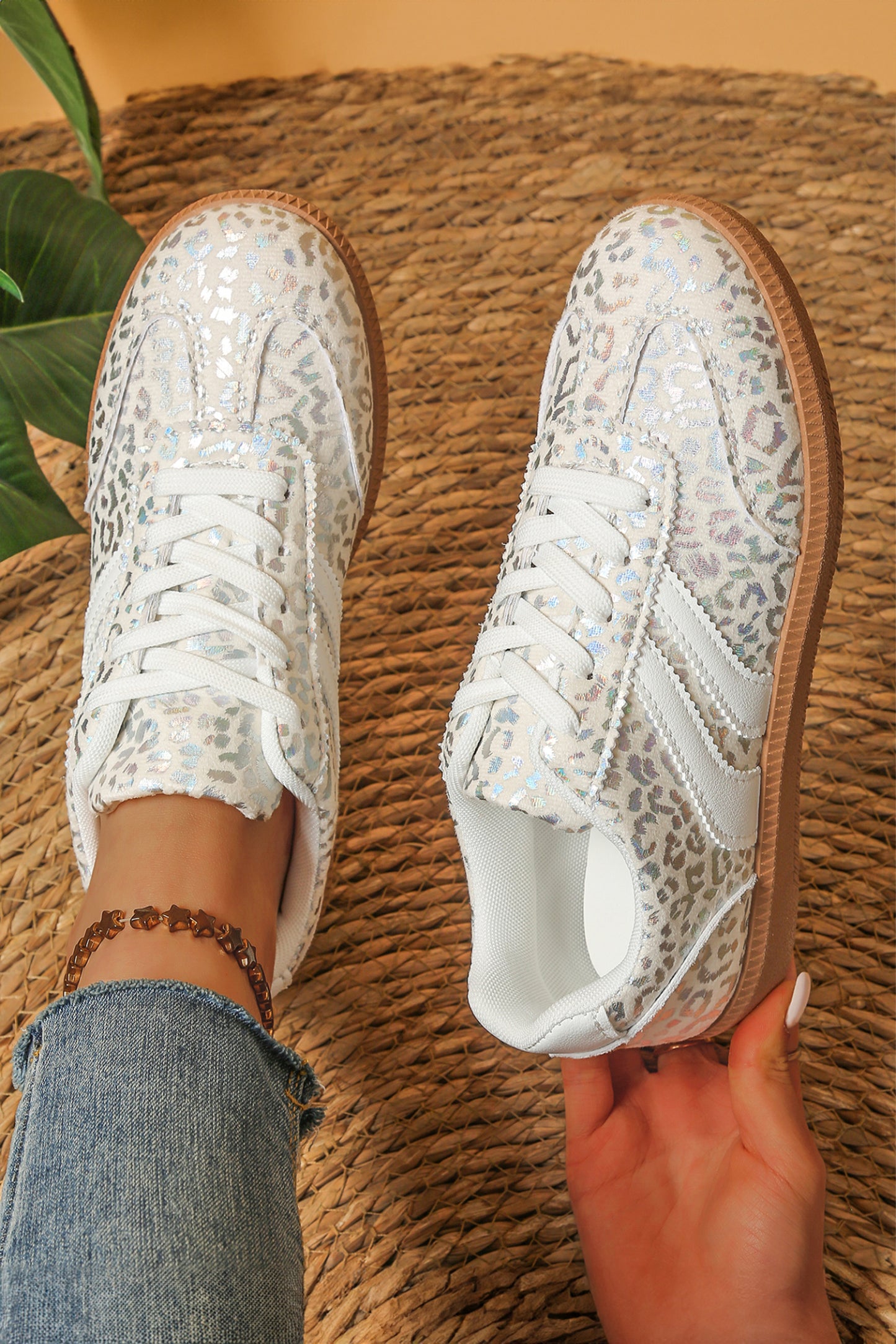 Coffee PU Leather Detail Shimmer Leopard Printed Lace-up Sneakers