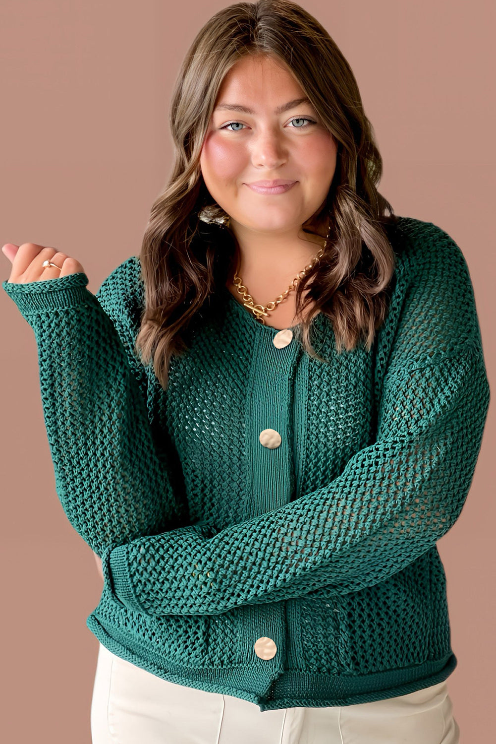 Blackish Green Plus Size Golden Accent Buttons Short Sweater Cardigan-Plus Size/Plus Size Sweaters & Cardigans-[Adult]-[Female]-2022 Online Blue Zone Planet