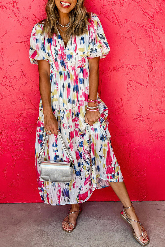 Rose Abstract Print Short Puff Sleeve Tiered Maxi Dress-TOPS / DRESSES-[Adult]-[Female]-Rose-S-2022 Online Blue Zone Planet