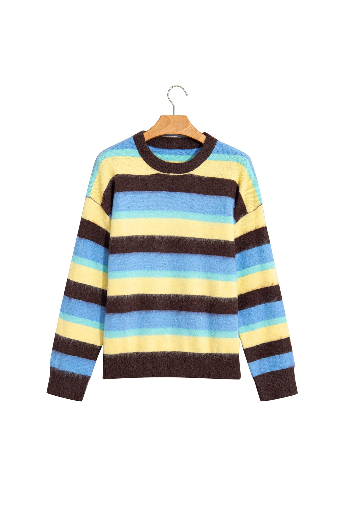 Multicolour Fuzzy Striped Knit Round Neck Casual Shift Sweater-TOPS / DRESSES-[Adult]-[Female]-2022 Online Blue Zone Planet