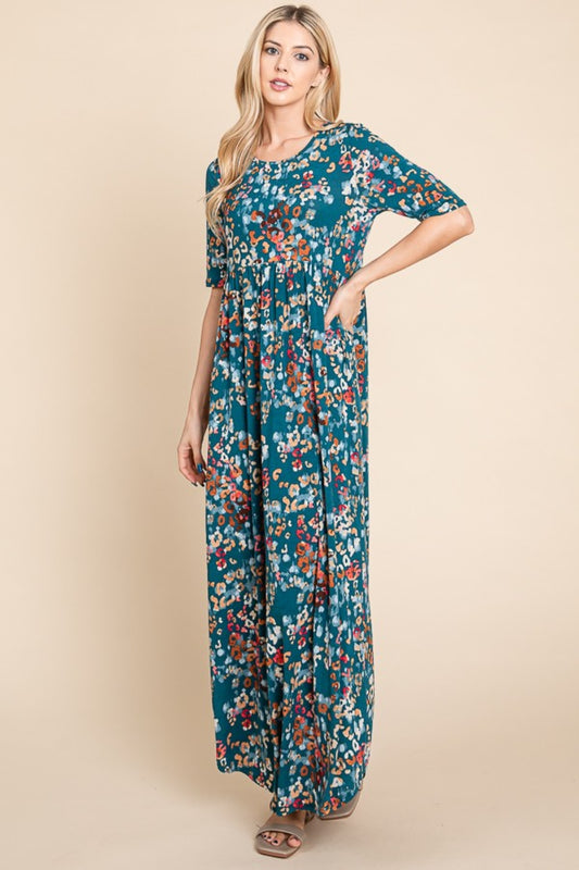 BOMBOM Printed Shirred Maxi Dress-[Adult]-[Female]-Teal-S-2022 Online Blue Zone Planet