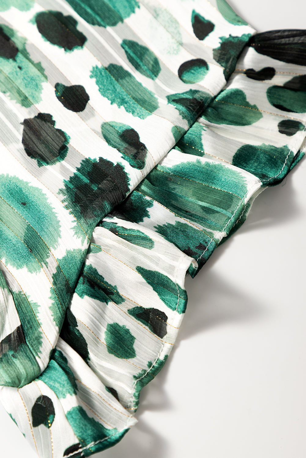 Green Metallic Threading Accents Pleated Abstract Printed Ruffled 3/4 Sleeve Blouse-Tops/Blouses & Shirts-[Adult]-[Female]-2022 Online Blue Zone Planet