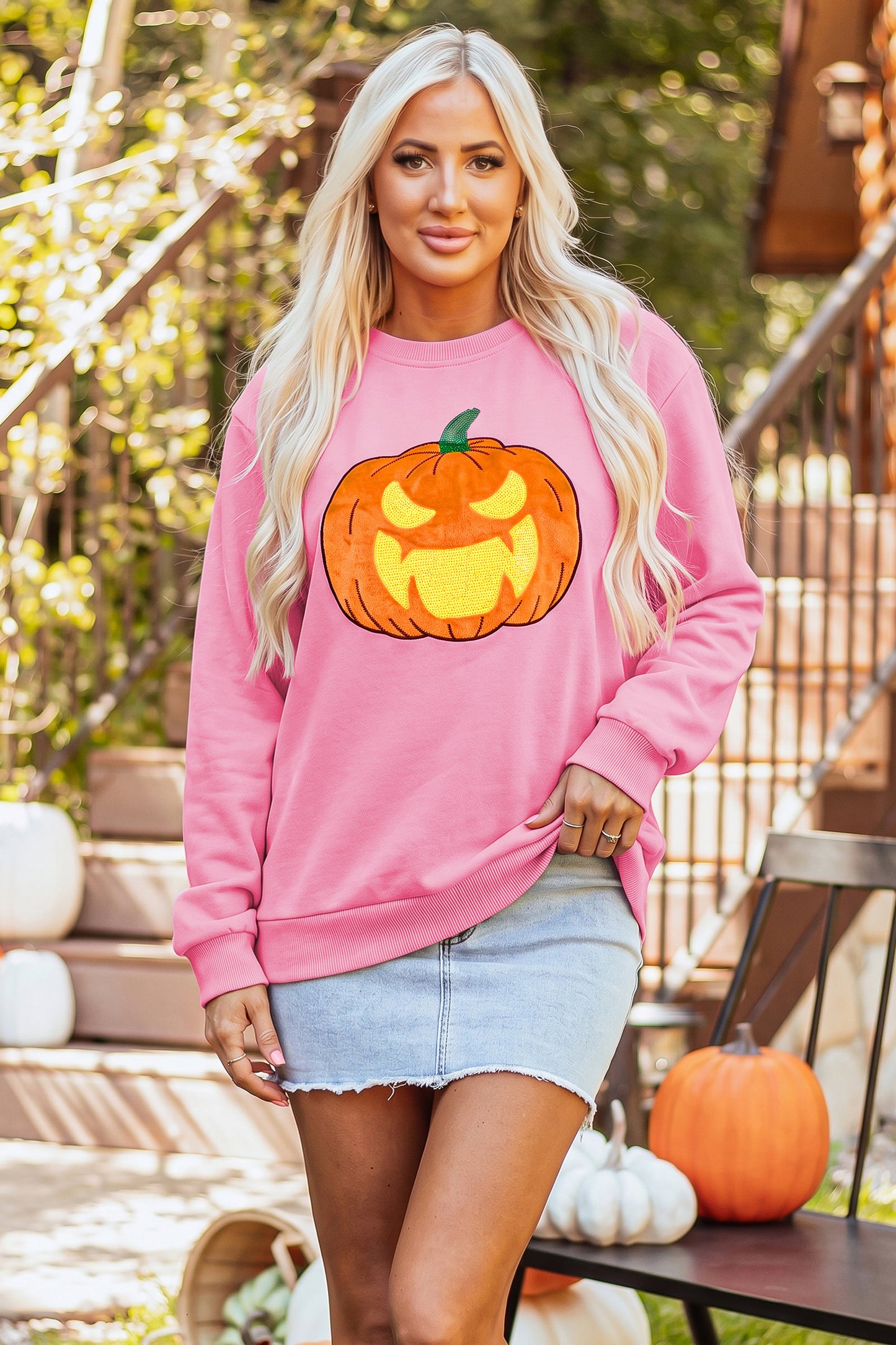 Pink Embroidered Pumpkin Face Long Sleeve Round Neck Sweatshirt
