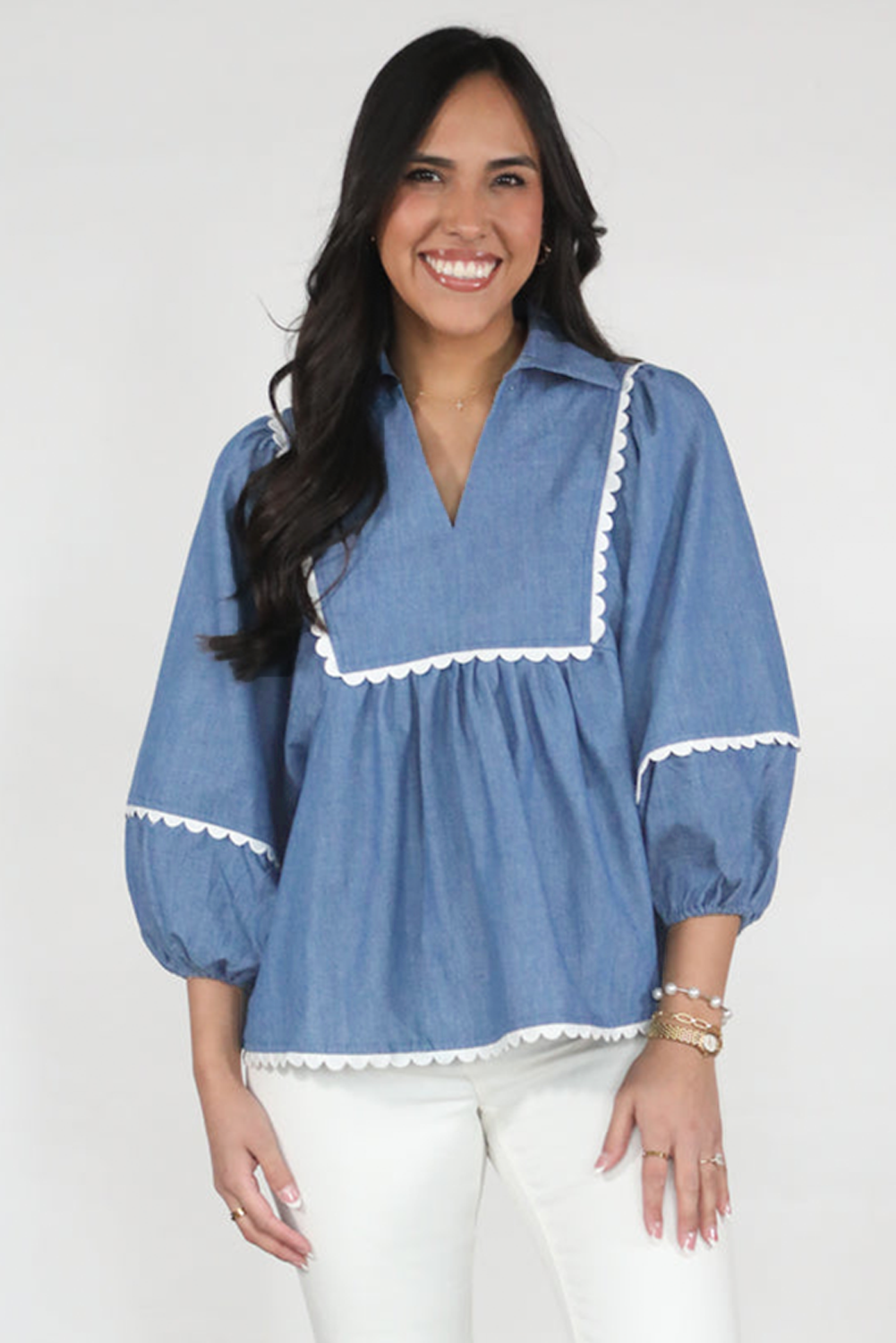 Dusk Blue Lace Ric Rac 3/4 Puff Sleeve Collared Babydoll Blouse-Tops/Blouses & Shirts-[Adult]-[Female]-2022 Online Blue Zone Planet