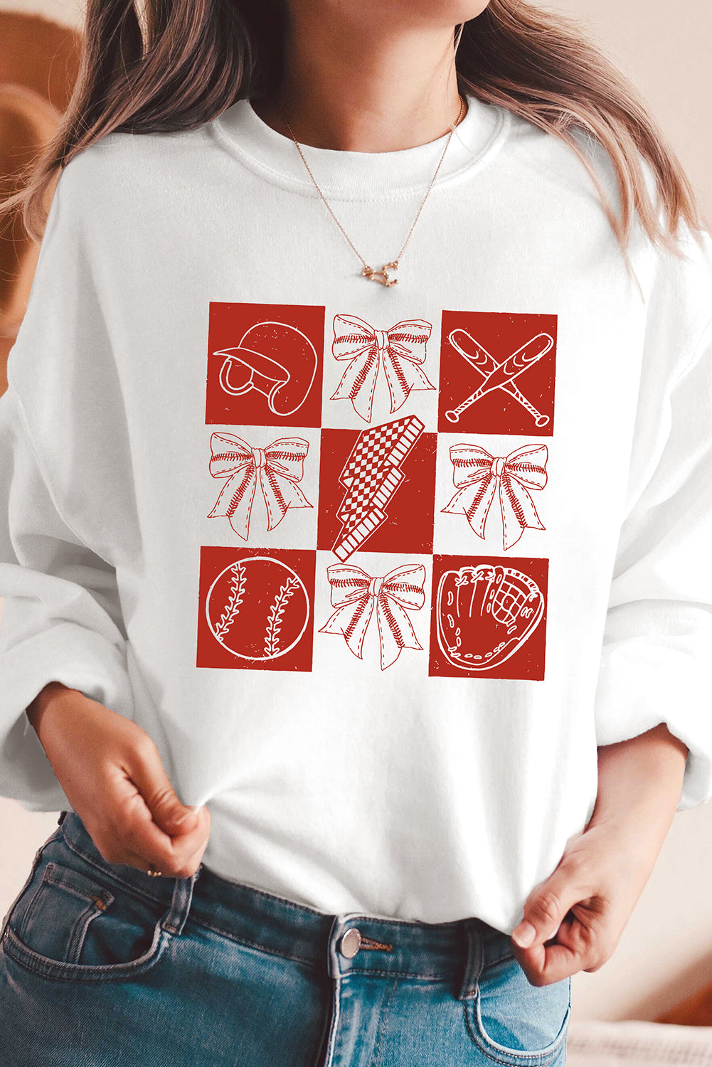 White Baseball Fashion Graphic Cotton Blend Casual Sweatshirt-Graphic/Graphic Sweatshirts-[Adult]-[Female]-2022 Online Blue Zone Planet