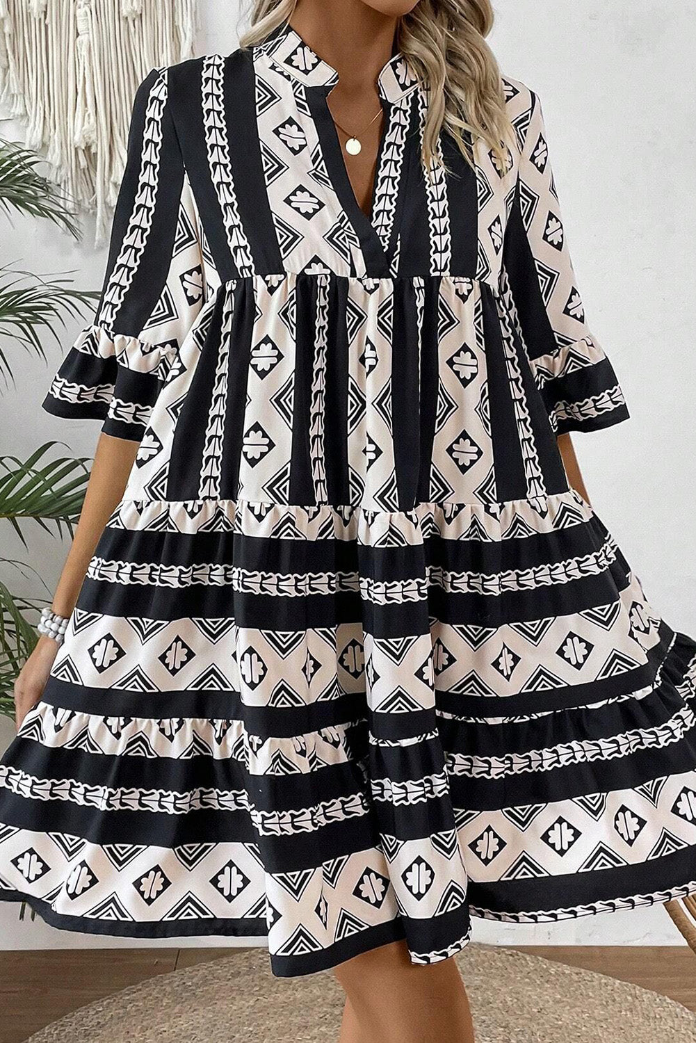 Black Geometric Print V Neck Ruffled Dress-Dresses/Mini Dresses-[Adult]-[Female]-2022 Online Blue Zone Planet