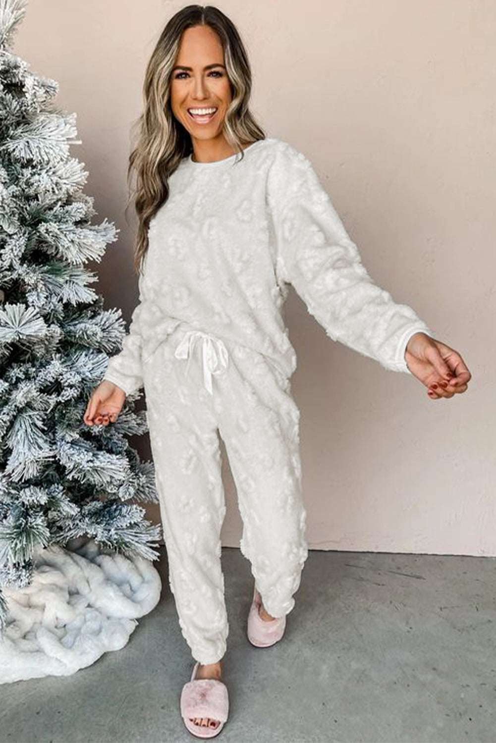 Light Grey Leopard Textured Loose Fit Fleece Lounge Set-Loungewear & Sleepwear/Loungewear-[Adult]-[Female]-2022 Online Blue Zone Planet