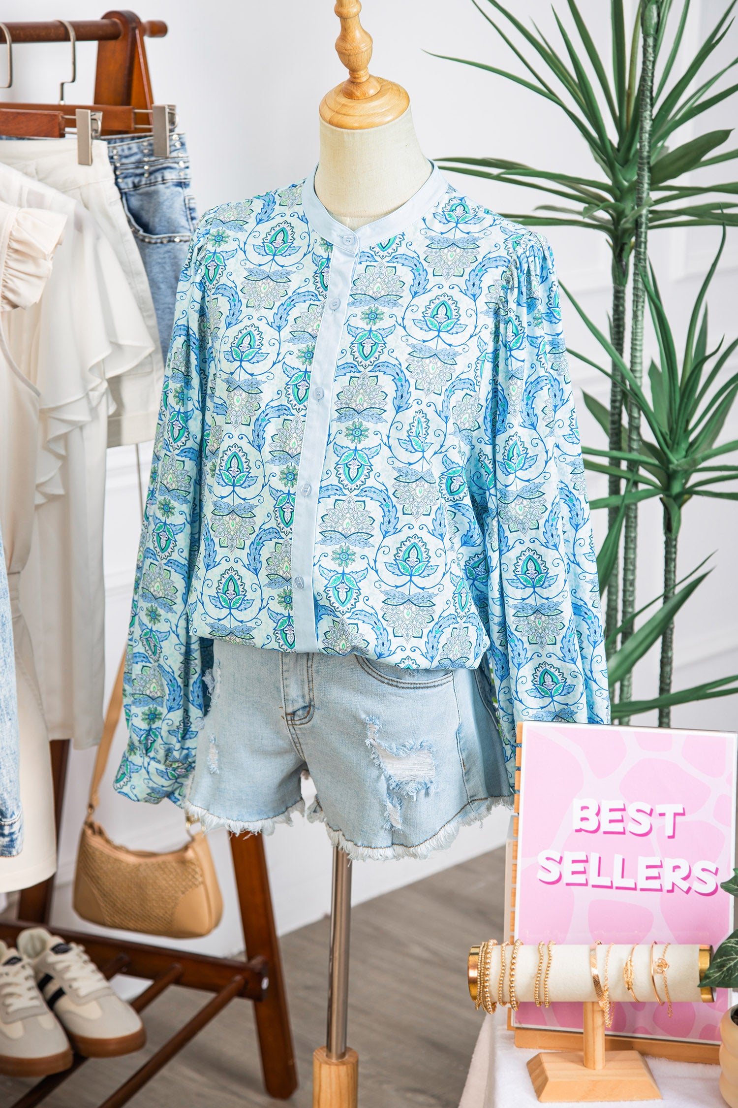 Sky Blue Paisley Print Puff Sleeve Loose Shirt-Tops/Blouses & Shirts-[Adult]-[Female]-2022 Online Blue Zone Planet