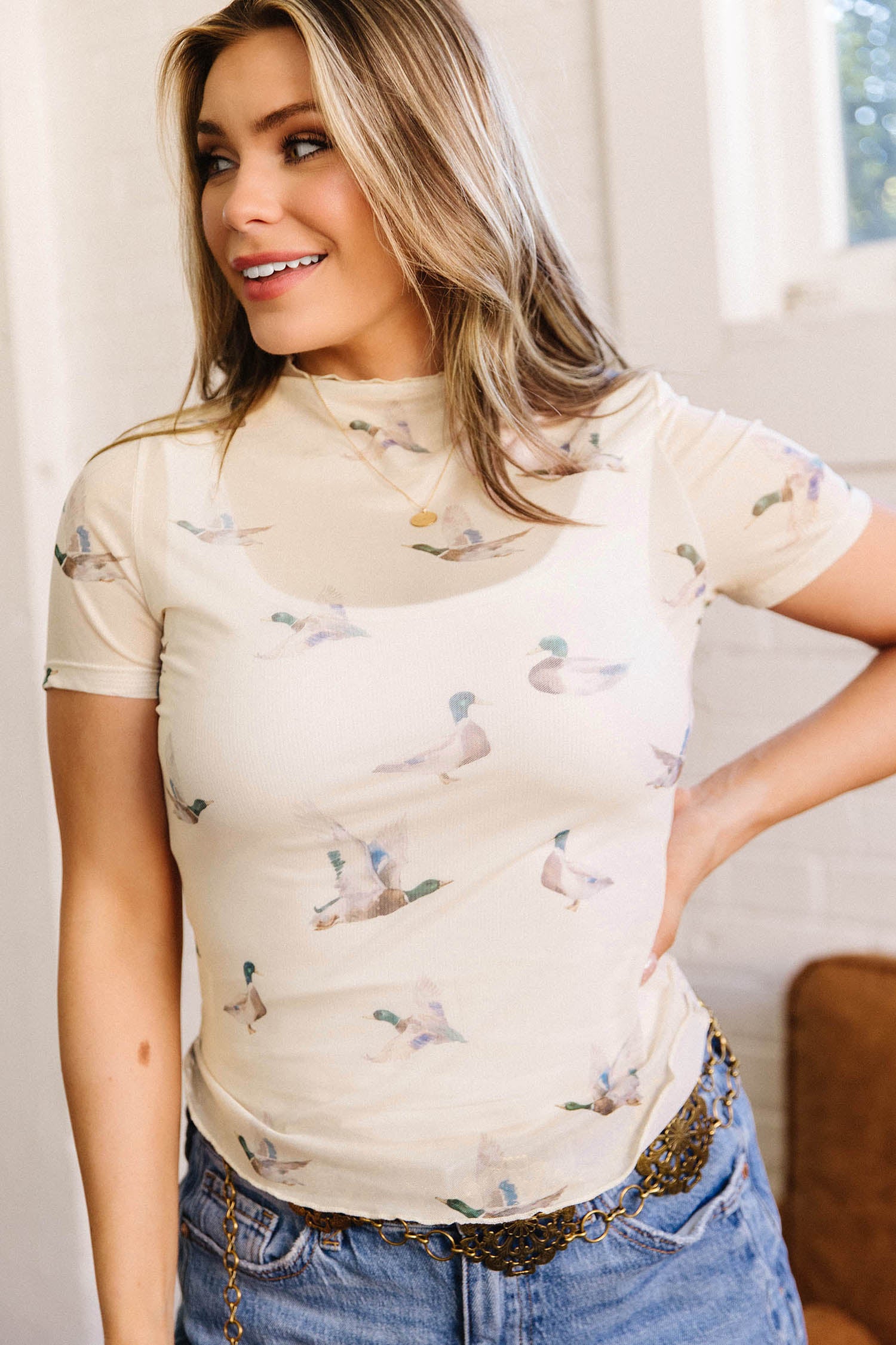 Beige Mallard Sheer Mesh Short Sleeve Top-Tops/Tops & Tees-[Adult]-[Female]-2022 Online Blue Zone Planet