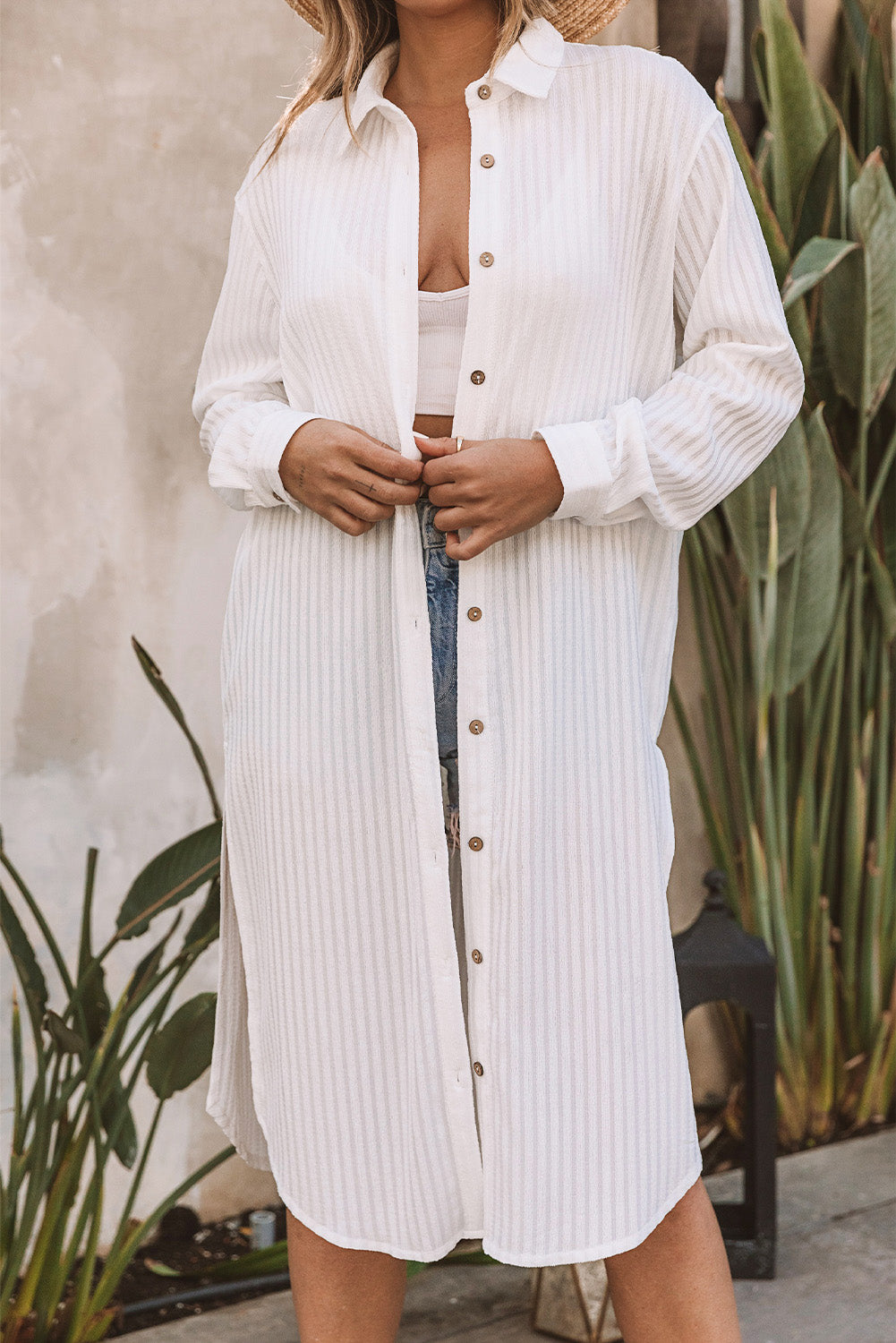 White Striped Crinkle Button Front Cover Up Shirt Dress-Swimwear/Beach Cover-ups-[Adult]-[Female]-2022 Online Blue Zone Planet