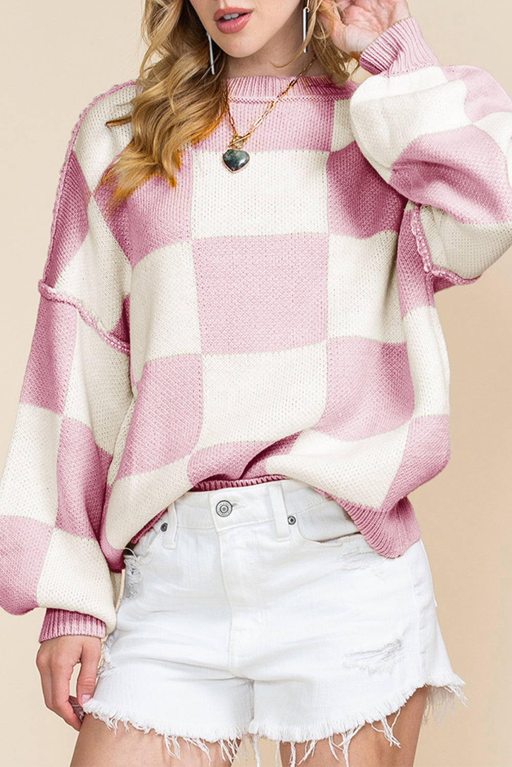 Blue Zone Planet | Pink Checked Bishop Sleeve Pullover Sweater-Sweaters-[Adult]-[Female]-2022 Online Blue Zone Planet