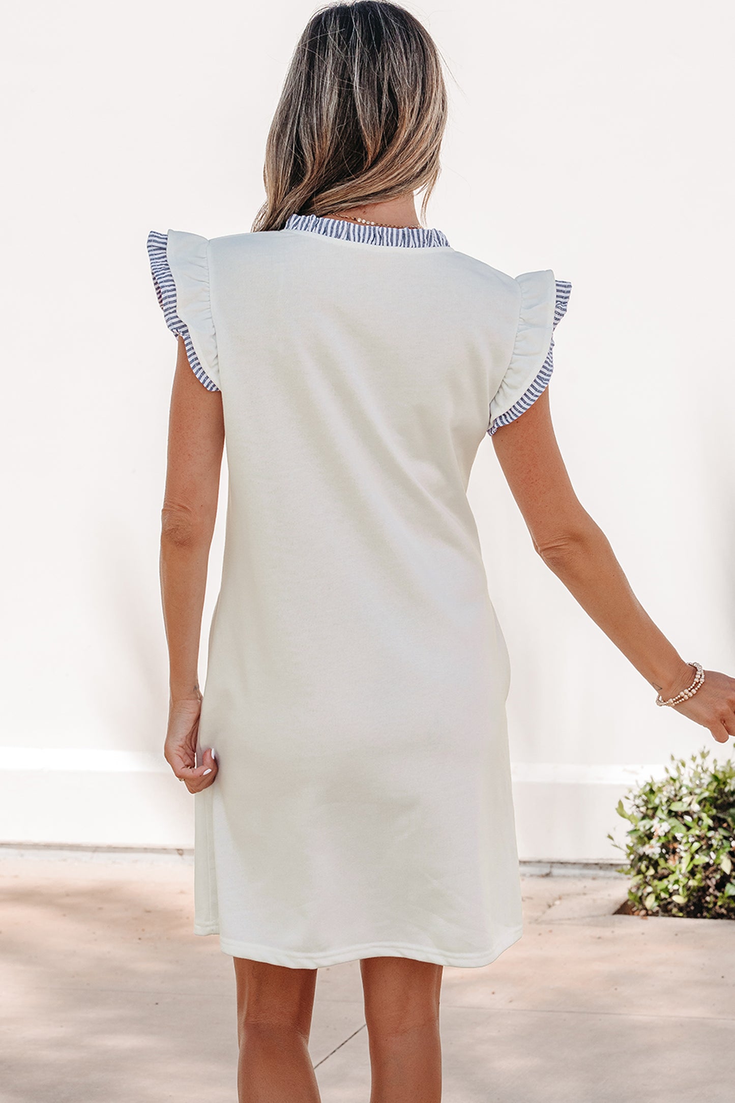 White Contrasted Striped Patchwork Split Neck Ruffle Trim Sleeveless Dress-Dresses/Mini Dresses-[Adult]-[Female]-2022 Online Blue Zone Planet