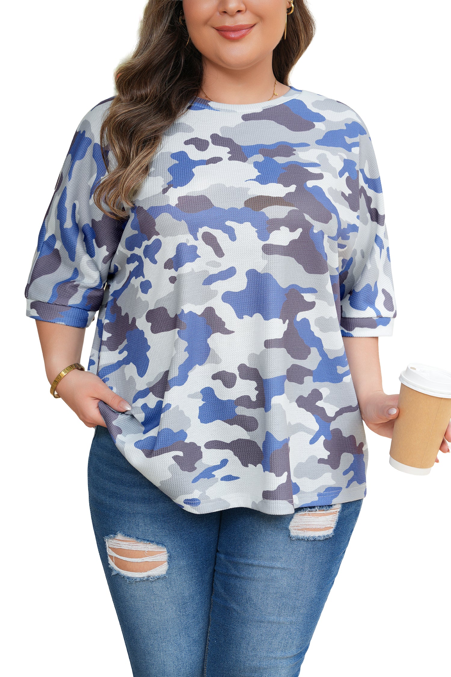 Gray Plus Size Camouflage Print Textured Casual Tee-Plus Size/Plus Size Tops/Plus Size Tops & Tees-[Adult]-[Female]-2022 Online Blue Zone Planet