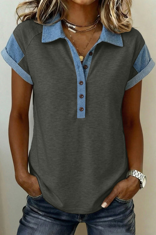 Carbon Grey Denim Color Block Patchwork Shirt Collar Short Sleeve Blouse-Tops/Blouses & Shirts-[Adult]-[Female]-Carbon Grey-S-2022 Online Blue Zone Planet