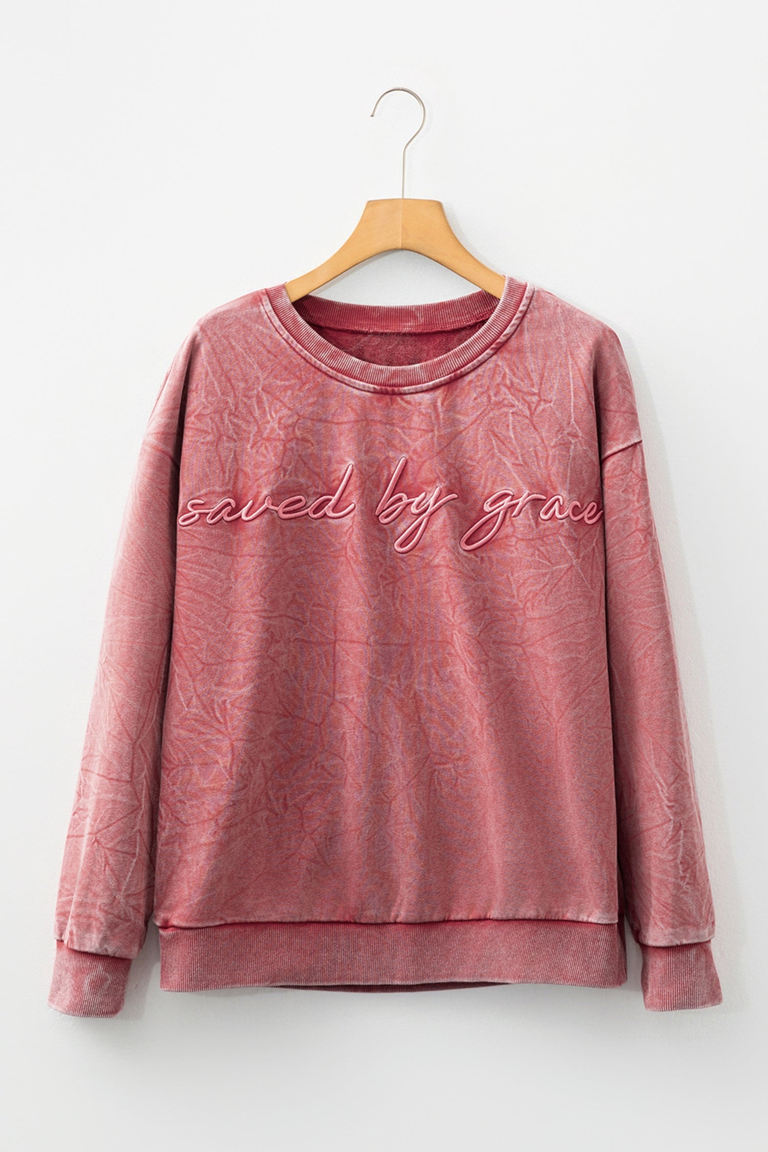 Mineral Red Saved By Grace Letter Embroidery Mineral Wash Loose Sweatshirt-Tops/Sweatshirts & Hoodies-[Adult]-[Female]-2022 Online Blue Zone Planet