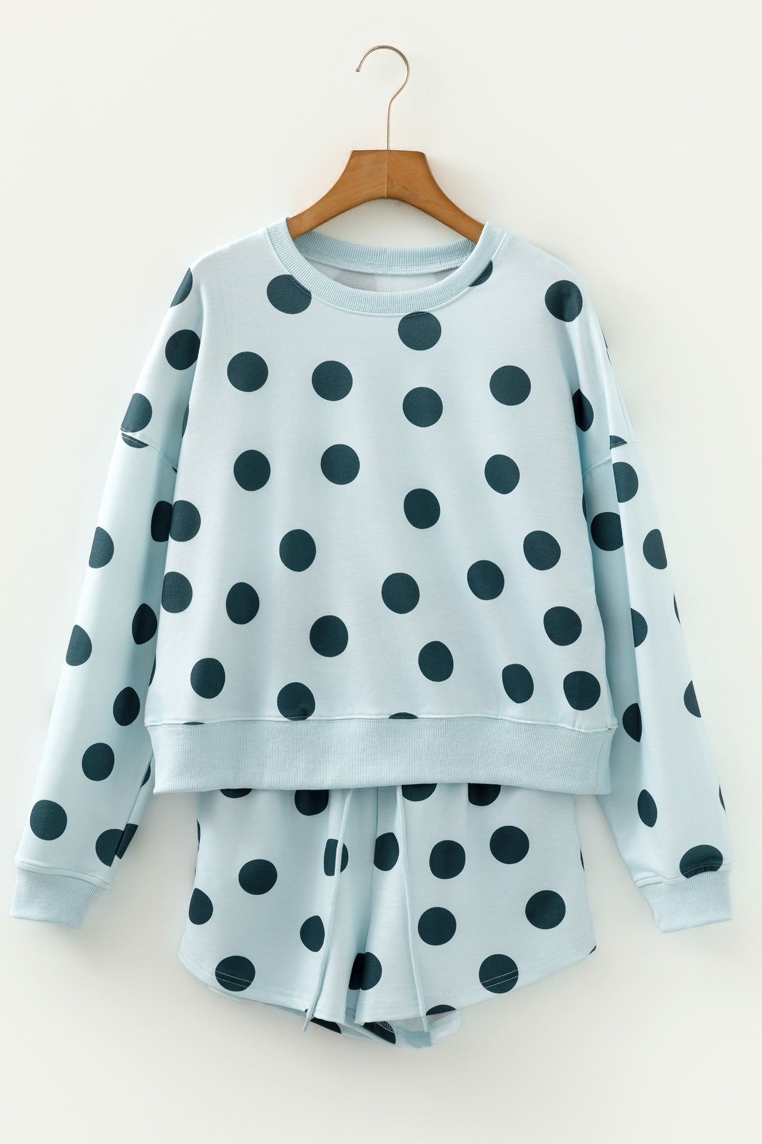 Sky Blue Polka Dot Print Drop Shoulder Pullover Drawstring Shorts Set-Two Piece Sets/Short Sets-[Adult]-[Female]-2022 Online Blue Zone Planet