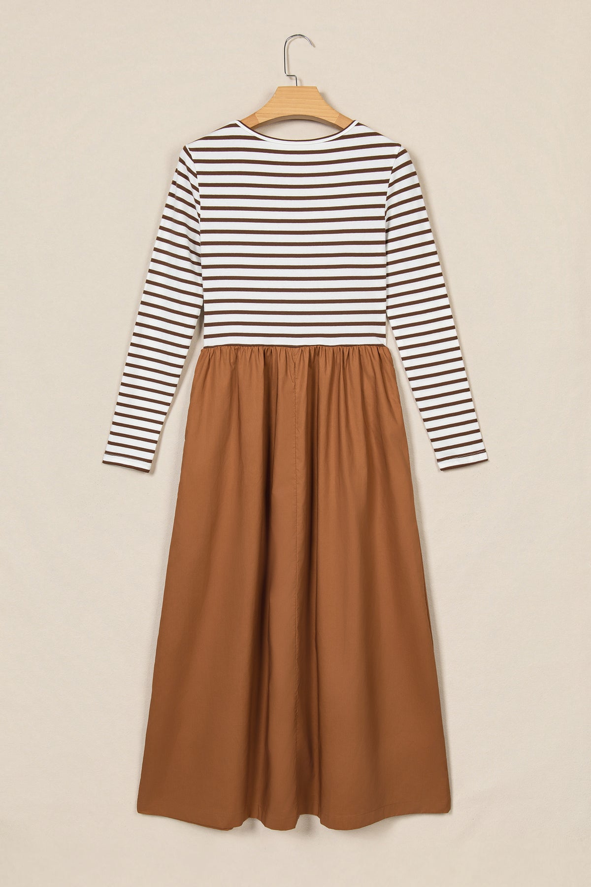 Brown Stripe Ribbed Knit Long Sleeve Bodice Contrast Patchwork Flared Dress-TOPS / DRESSES-[Adult]-[Female]-2022 Online Blue Zone Planet