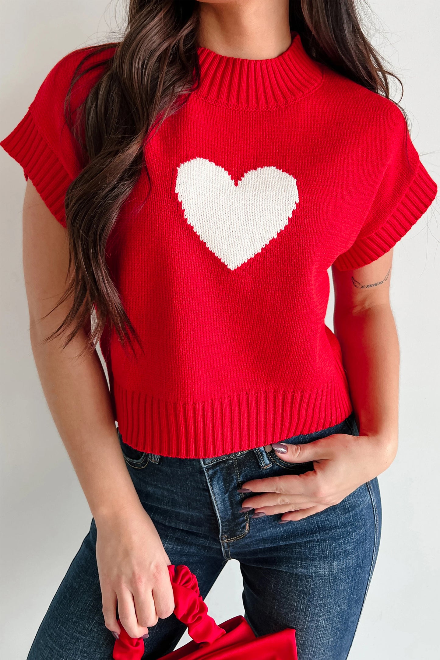 Fiery Red Valentine Heart Graphic Cropped Short Sleeve Sweater-TOPS / DRESSES-[Adult]-[Female]-Fiery Red-L-2022 Online Blue Zone Planet