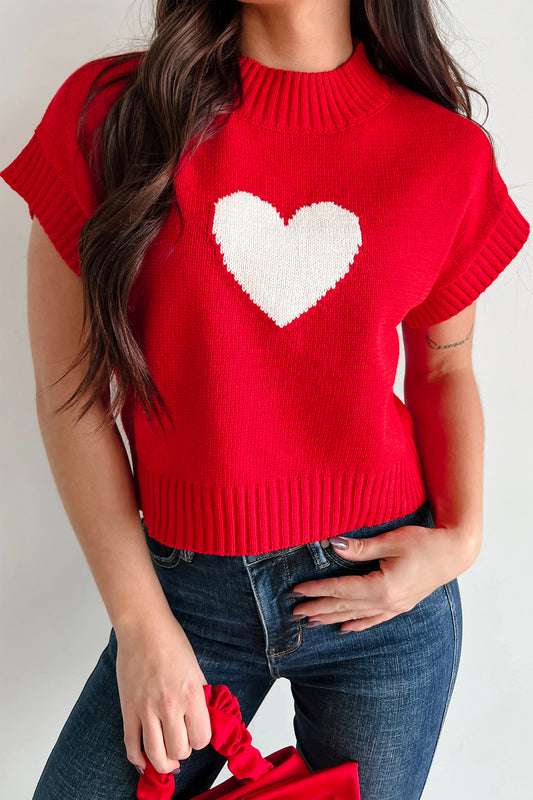 Fiery Red Valentine Heart Graphic Cropped Short Sleeve Sweater-Sweaters & Cardigans/Short Sleeve Sweaters-[Adult]-[Female]-Fiery Red-S-2022 Online Blue Zone Planet