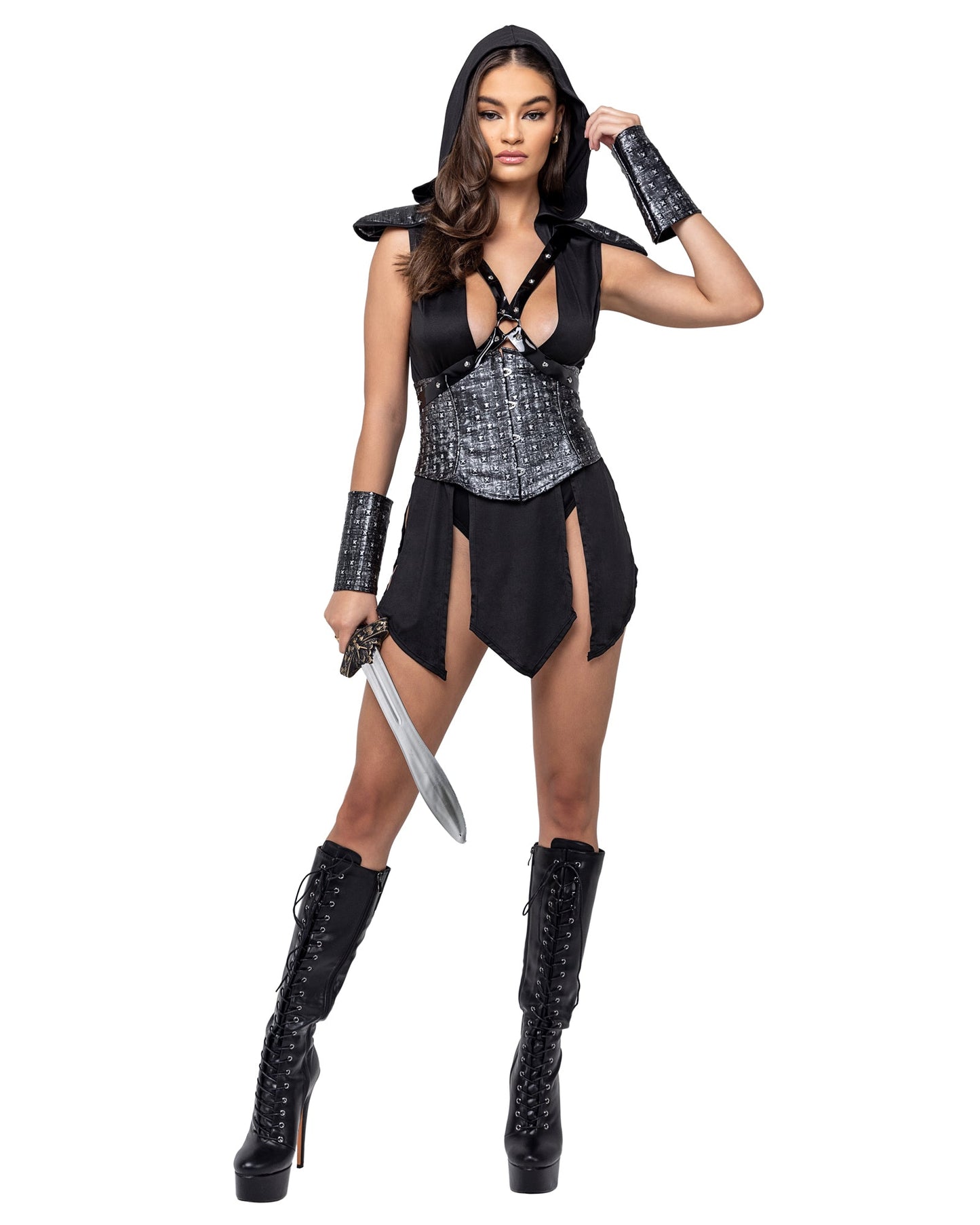 Vixen's 3 Piece Dungeon Mistress Halloween Costume-Tops / Dresses-[Adult]-[Female]-Black/Grey-S-2022 Online Blue Zone Planet