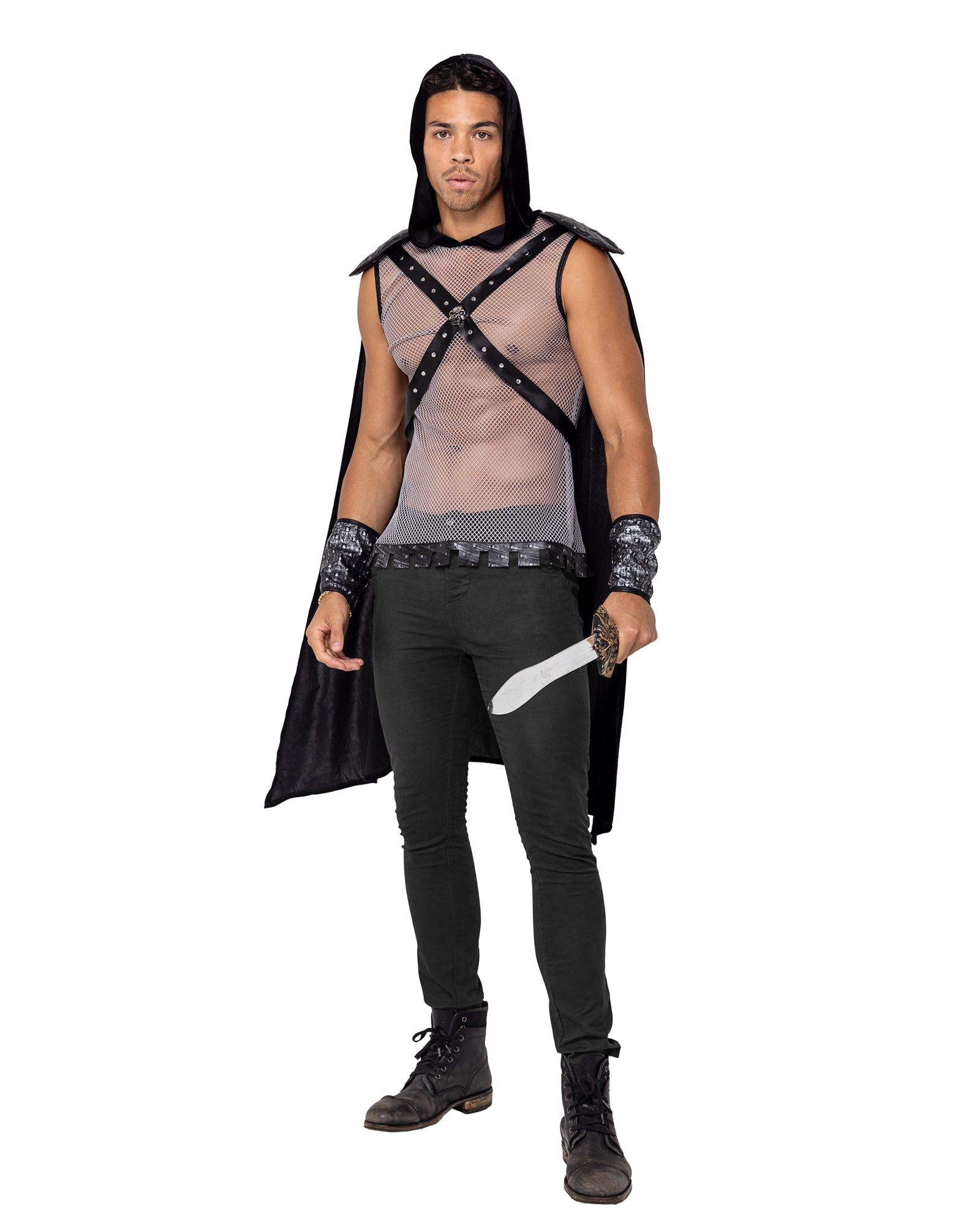 3 Piece Men's Dark Realm Warrior Halloween Costume-Tops / Dresses-[Adult]-[Female]-Black/Grey-S-2022 Online Blue Zone Planet