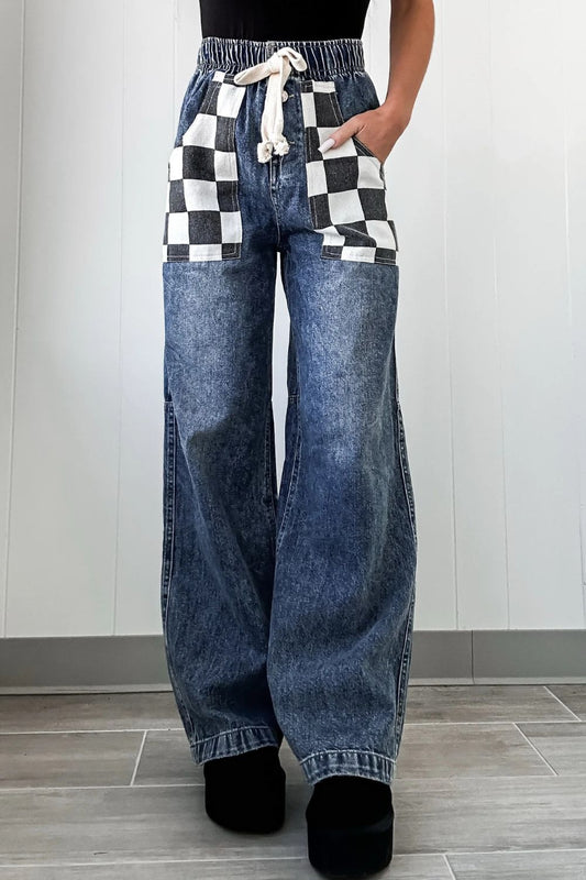 Checkered Wide Leg Jeans-BOTTOM SIZES SMALL MEDIUM LARGE-[Adult]-[Female]-Medium-S-2022 Online Blue Zone Planet
